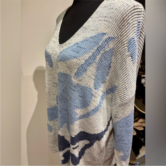 Nic + Zoe Women’s Breezy Leaves Gray Blue Knit Ribbed V Neck Spring Sweater - Picture 5 of 7